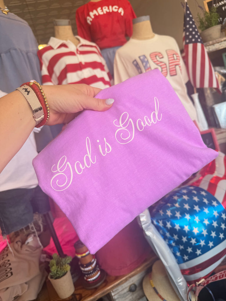 The Neon Violet God is Good Script Tee