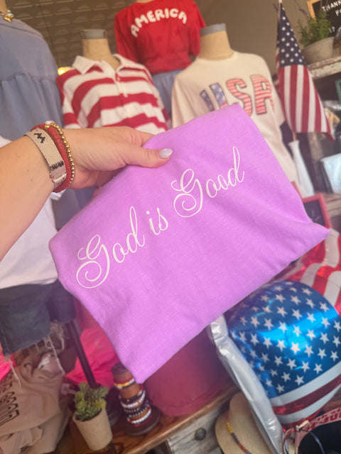 The Neon Violet God is Good Script Tee