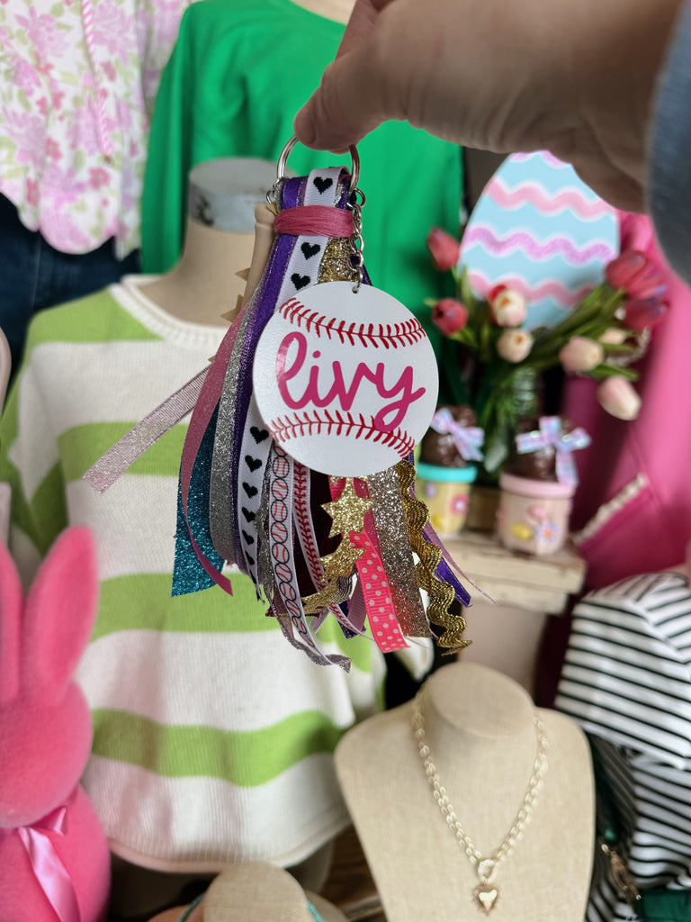 Tee Ball Girly Ribbon Tassel Bag Tag