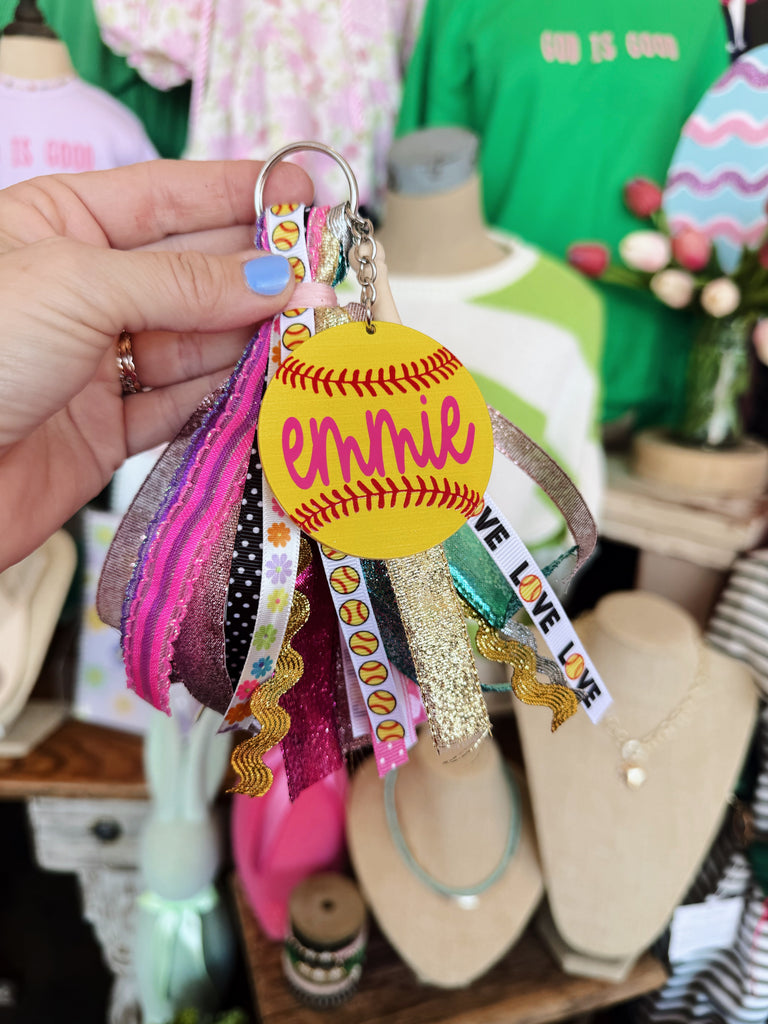 Softball Ribbon Tassel Bag Tag