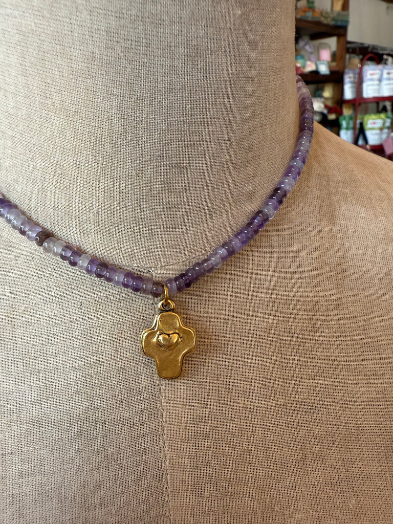 Small Shades of Purple Beaded Necklace with Cross Charm