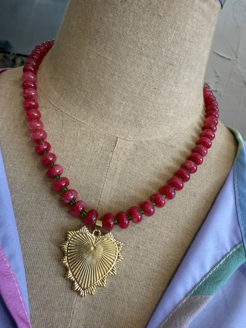 Raspberry Beaded Necklace with Large Heart Charm