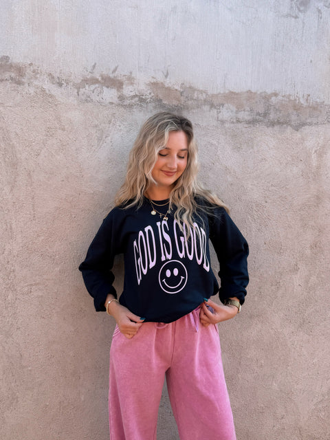 The God is Good Smiley Sweatshirt / Navy + Lilac
