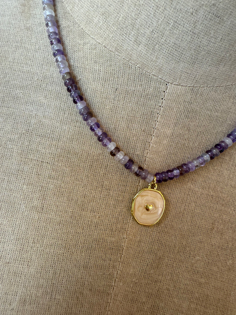 Shades of Purple Beaded Necklace with MOP Heart Charm