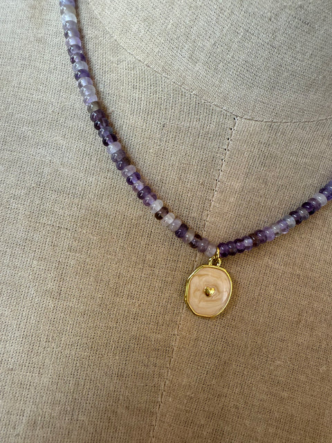 Shades of Purple Beaded Necklace with MOP Heart Charm