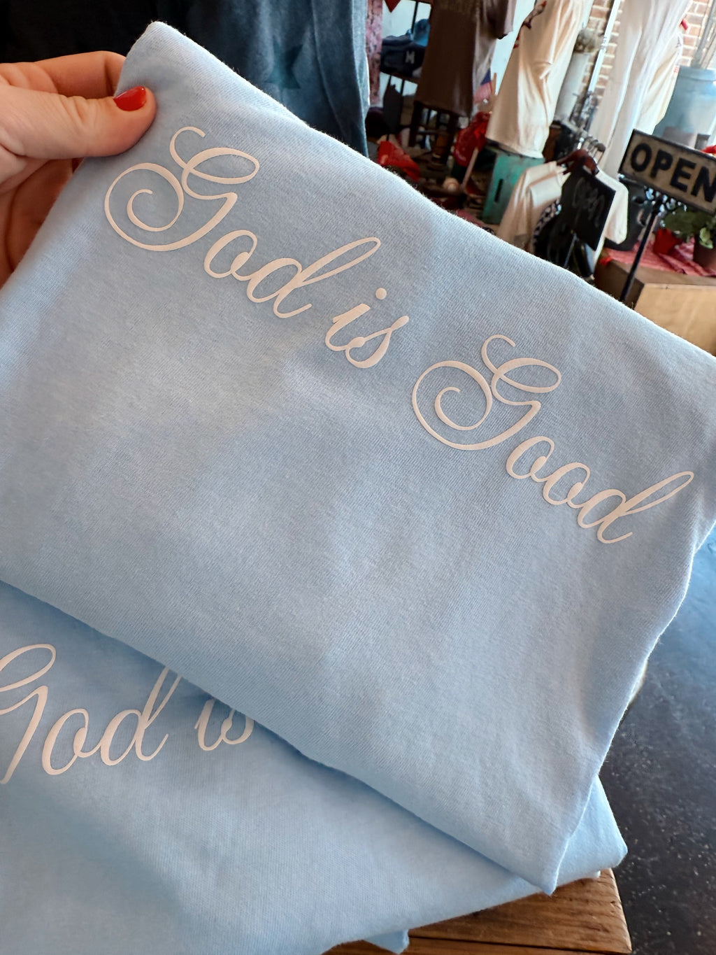 God is Good Tee // Light Blue Script