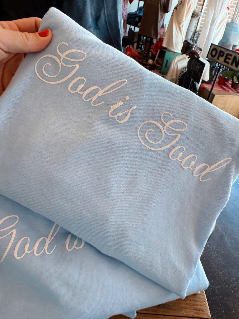 God is Good Tee // Light Blue Script