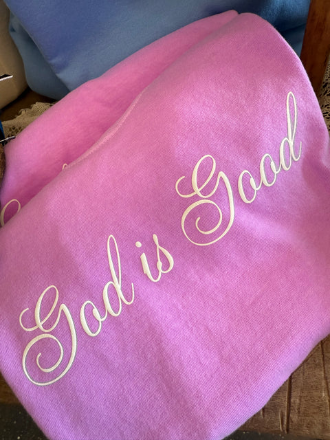 Neon Violet God is Good Script Tee