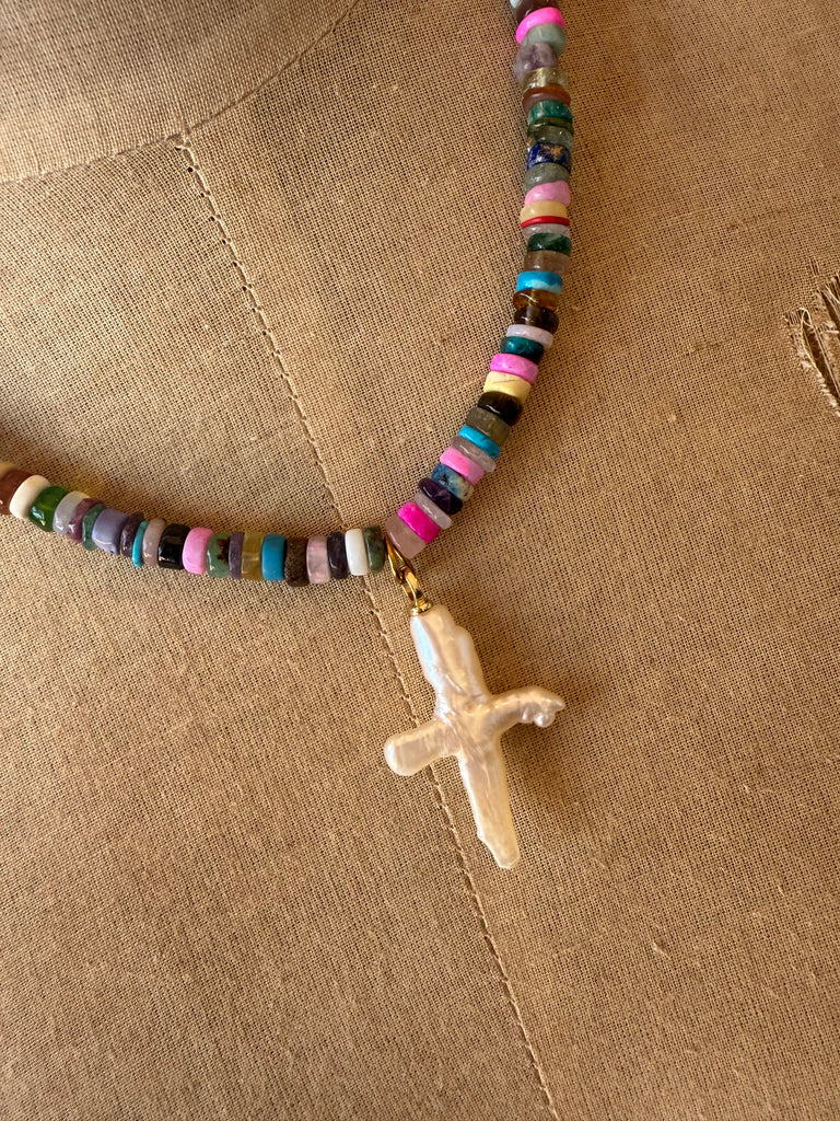 Raw Edge Beads with Pearl Cross