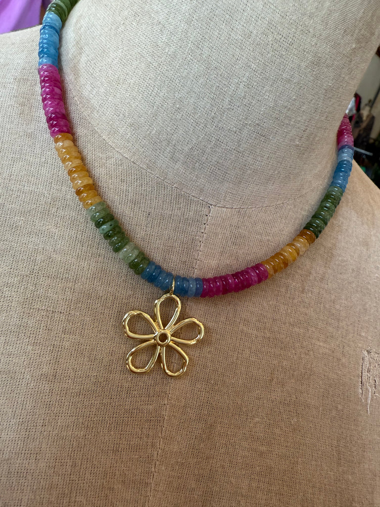 Multi Color Beaded Necklace with Flower Charm