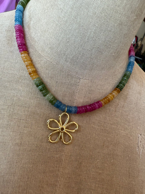 Multi Color Beaded Necklace with Flower Charm
