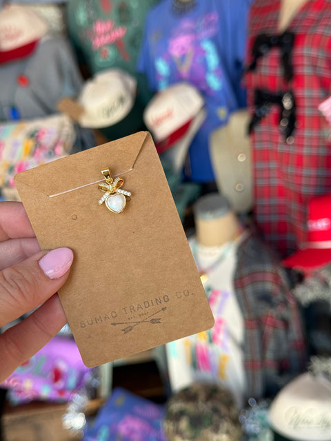 Mother of Pearl Heart with Pave Bow Charm