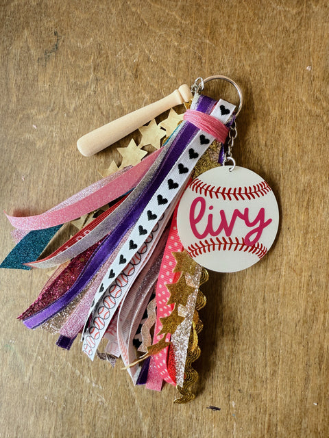 Tee Ball Girly Ribbon Tassel Bag Tag