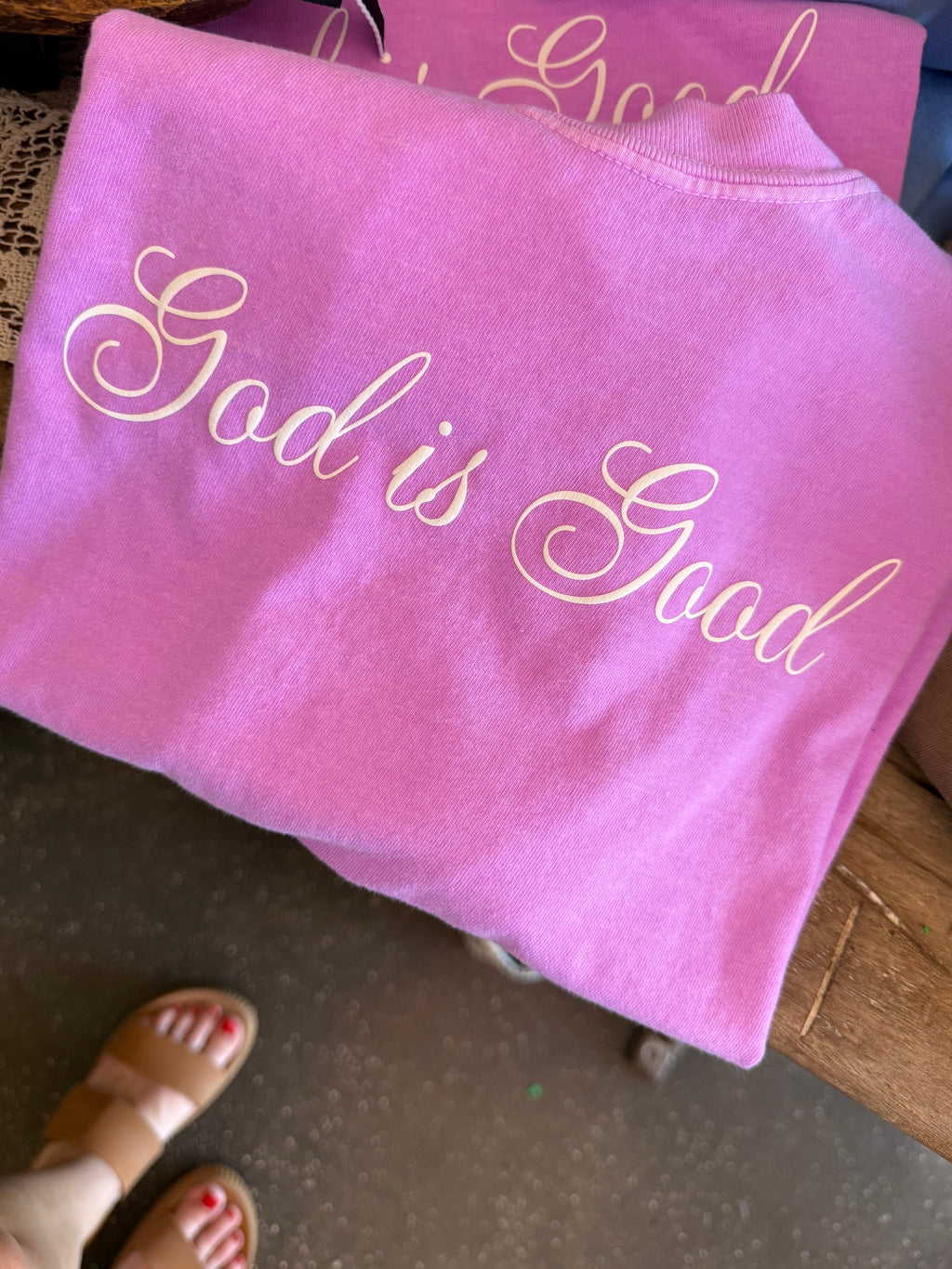 Neon Violet God is Good Script Tee