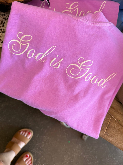 Neon Violet God is Good Script Tee